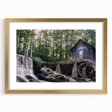 Framed wall art collection featuring a serene landscape with watermills, set in a sleek gold frame and mat, adding elegance to any decor. Perfect for nature enthusiasts seeking a calming ambiance.