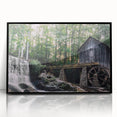 Framed acrylic wall art featuring a serene landscape design of a watermill, presented with a sleek black frame, enhancing home decor aesthetics. Ideal for nature lovers seeking elegant wall art.