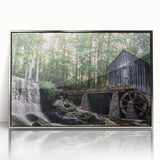 Framed acrylic wall art depicting a serene watermill landscape, featuring soft colors and intricate details, ideal for home decor enhancement and tranquility.