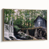 Framed canvas wall art showcasing a serene landscape of watermills, featuring gold accents and a side view, perfect for enhancing home decor with a touch of elegance.