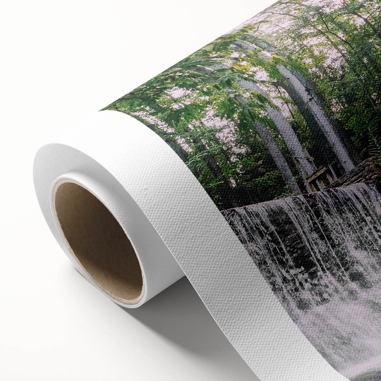 Rolled canvas art print showcasing a serene landscape featuring a watermill, vibrant greenery, and a tranquil river, ideal for home decor and nature enthusiasts.