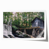 Rolled print of a serene watermill landscape design, showcasing lush greenery and a tranquil river, ideal for home decor and enhancing interior spaces.