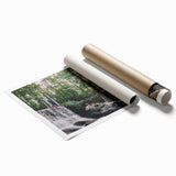 Rolled print showcasing a serene landscape of a watermill surrounded by lush greenery, designed for home decor. Perfect for adding a peaceful ambiance to any room.
