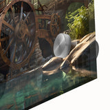 Close-up of a vibrant acrylic glass wall art piece showcasing a serene watermill landscape, featuring lush greenery and a tranquil stream, perfect for home decor.