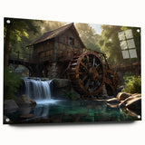Elegant wall art collection featuring a side view of a stunning acrylic glass piece depicting serene watermill landscapes, enhanced with decorative pins for easy display. Perfect for adding a tranquil touch to home decor.