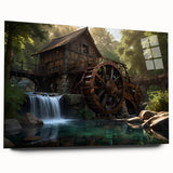 Elegant wall art collection showcasing a serene landscape with watermills, displayed in acrylic glass. The piece features vibrant colors and intricate details, perfect for enhancing home decor. Ideal for nature lovers and art enthusiasts seeking a tranquil ambiance.