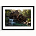Framed wall art collection showcasing a serene landscape design with watermills, presented in a black mat frame, ideal for enhancing home decor.