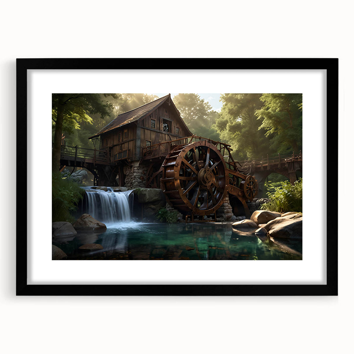 Framed wall art collection showcasing a serene landscape design with watermills, presented in a black mat frame, ideal for enhancing home decor.