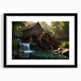 Framed wall art collection showcasing a serene landscape design with watermills, presented in a black mat frame, ideal for enhancing home decor.