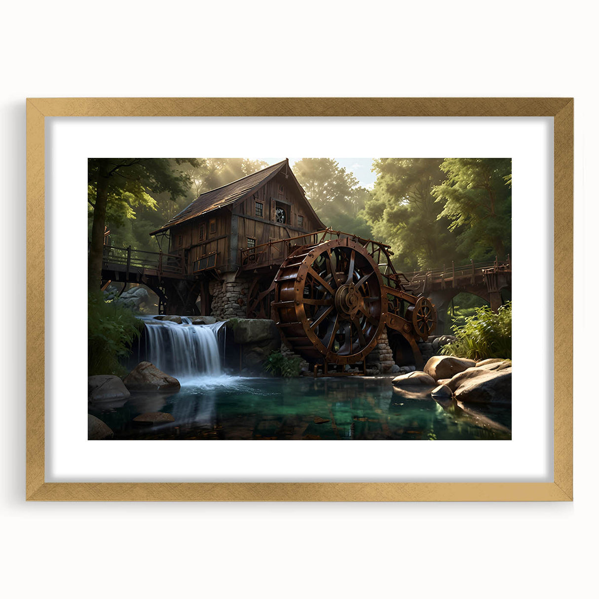 Elegant wall art collection featuring a gold-framed landscape design showcasing serene watermills, perfect for enhancing modern home decor. This piece includes a mat for a polished presentation, ideal for living rooms or offices.