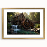 Elegant wall art collection featuring a gold-framed landscape design showcasing serene watermills, perfect for enhancing modern home decor. This piece includes a mat for a polished presentation, ideal for living rooms or offices.