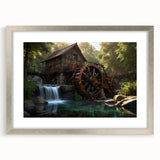 Framed wall art showcasing a serene landscape of watermills, featuring a silver mat and frame, ideal for home decor. This piece adds a touch of elegance to any wall.