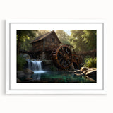 Framed wall art collection showcasing a serene watermill landscape design, featuring a white mat and sleek frame, ideal for enhancing home decor with a touch of tranquility.