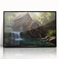 Framed acrylic wall art featuring a serene landscape with a watermill, surrounded by lush greenery and a clear blue sky, ideal for home decor.