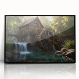 Framed acrylic wall art featuring a serene landscape with a watermill, surrounded by lush greenery and a clear blue sky, ideal for home decor.