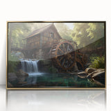 Framed wall art featuring a scenic landscape of watermills, designed with a gold-accented frame, perfect for home décor and adding elegance to any space.