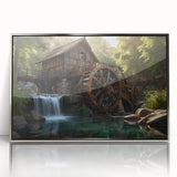 Framed acrylic wall art showcasing a serene landscape with a watermill, featuring silver accents, ideal for home decor and enhancing interior aesthetics.