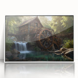 Framed acrylic wall art featuring a serene landscape of watermills, showcasing calming blues and greens, perfect for home decor. Modern design adds elegance to any space.