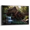 Framed canvas wall art showcasing a serene landscape of watermills, featuring a black frame with a side view perspective, ideal for home decor enhancement.