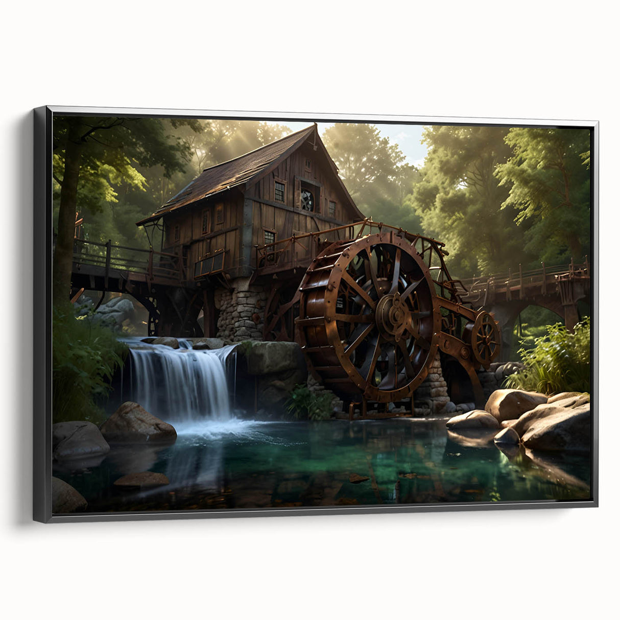 Framed canvas wall art showcasing a serene landscape of watermills, featuring a black frame with a side view perspective, ideal for home decor enhancement.
