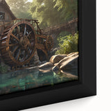 Framed canvas wall art showcasing a close-up of a serene watermill landscape, featuring lush greenery and tranquil water, perfect for enhancing home decor.