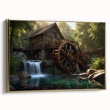 Framed canvas wall art showcasing a serene landscape with a watermill, highlighted by gold accents and a side view display, perfect for home decor.