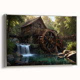 Framed canvas wall art showcasing a serene watermill landscape with vibrant colors and fine details, beautifully presented in a silver frame for an elegant touch.