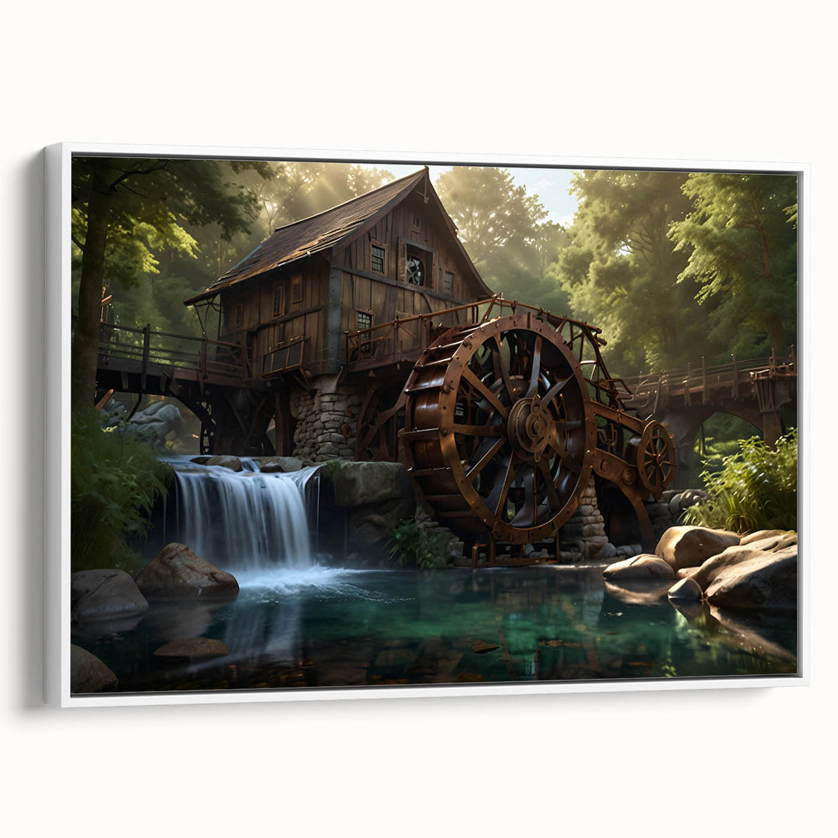 Framed canvas wall art featuring a serene landscape of watermills, showcasing a blend of soft blues and greens with a white frame, perfect for enhancing home decor.