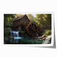 Rolled print showcasing a serene landscape of a watermill surrounded by lush greenery, designed for home decor. Perfect for adding a tranquil touch to any room.