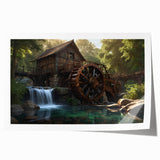 Rolled print showcasing a serene landscape of a watermill surrounded by lush greenery, designed for home decor. Perfect for adding a tranquil touch to any room.