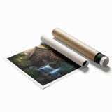 Rolled print of a serene landscape featuring a watermill surrounded by lush greenery, designed for home decor, showcasing vibrant colors and intricate details.