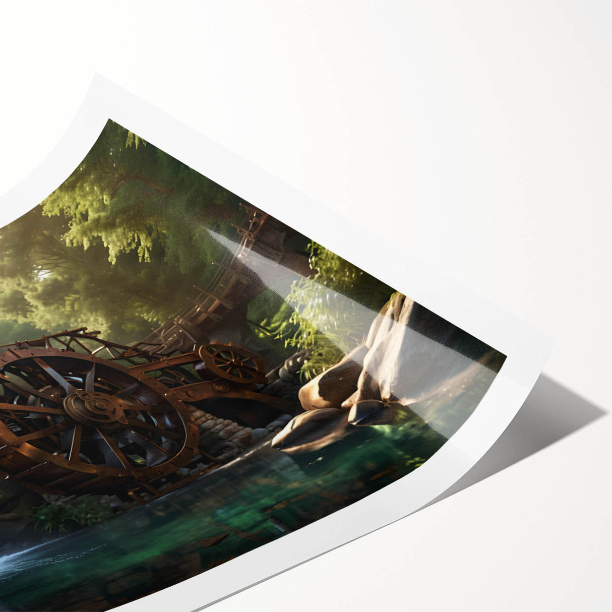 Landscape wall art print showcasing a serene watermill scene, featuring vibrant colors and intricate details, rolled and ready for framing or display.