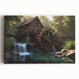 Stretched canvas wall art featuring a serene landscape with a picturesque watermill surrounded by lush greenery and a tranquil river, perfect for home decor.