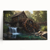 Stretched canvas artwork depicting a serene watermill landscape, featuring lush greenery and a tranquil stream, perfect for enhancing home decor aesthetics.
