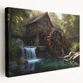 Stretched canvas wall art showcasing a serene watermill landscape, featuring soft greens and blues, ideal for home decor or office settings.