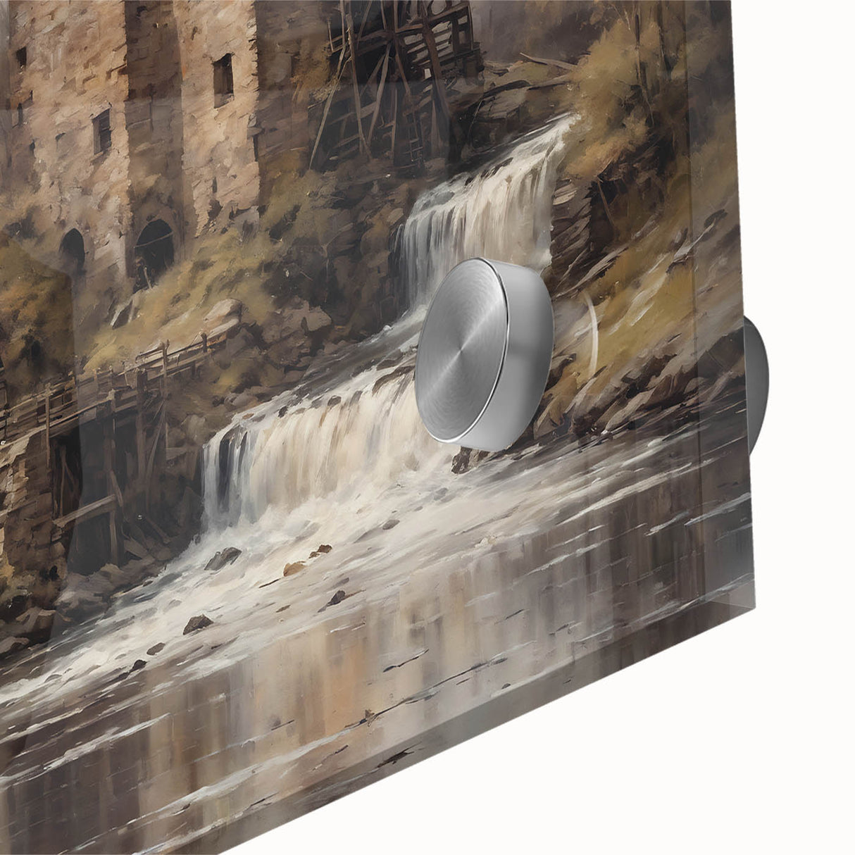Close-up of a vibrant acrylic wall art piece depicting a serene watermill landscape, showcasing intricate details and vivid colors, perfect for home decor.
