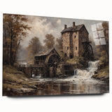 Acrylic glass wall art featuring a serene watermill landscape design, viewed from the side, showcasing vibrant colors and intricate details, perfect for home decor.