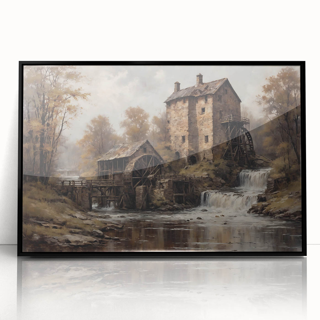 Framed wall art collection featuring a serene watermill landscape design in rich colors, presented with a sleek black frame, perfect for home decor.