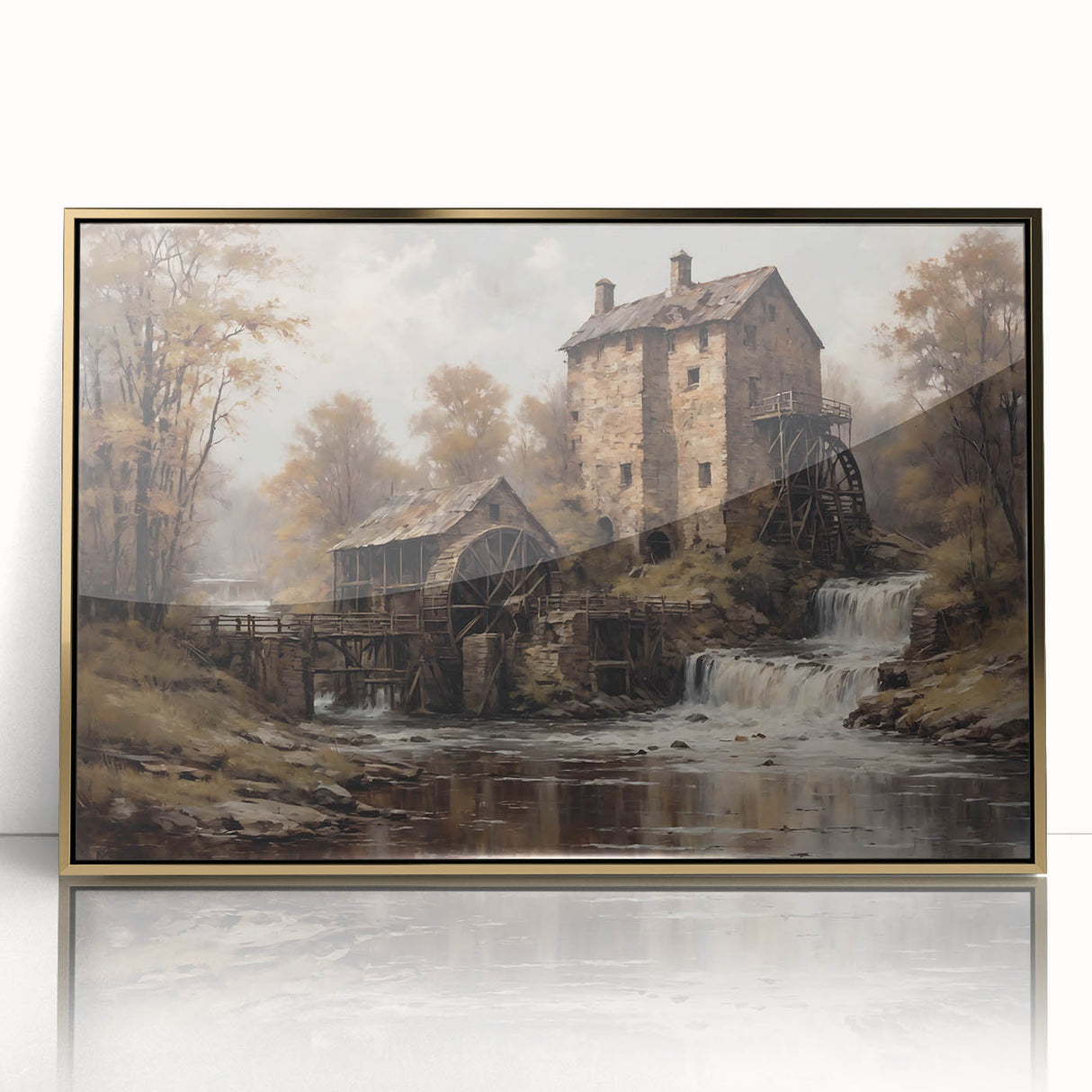 Framed acrylic wall art featuring a serene watermill landscape design, accented with gold details, perfect for home decor or art collections.