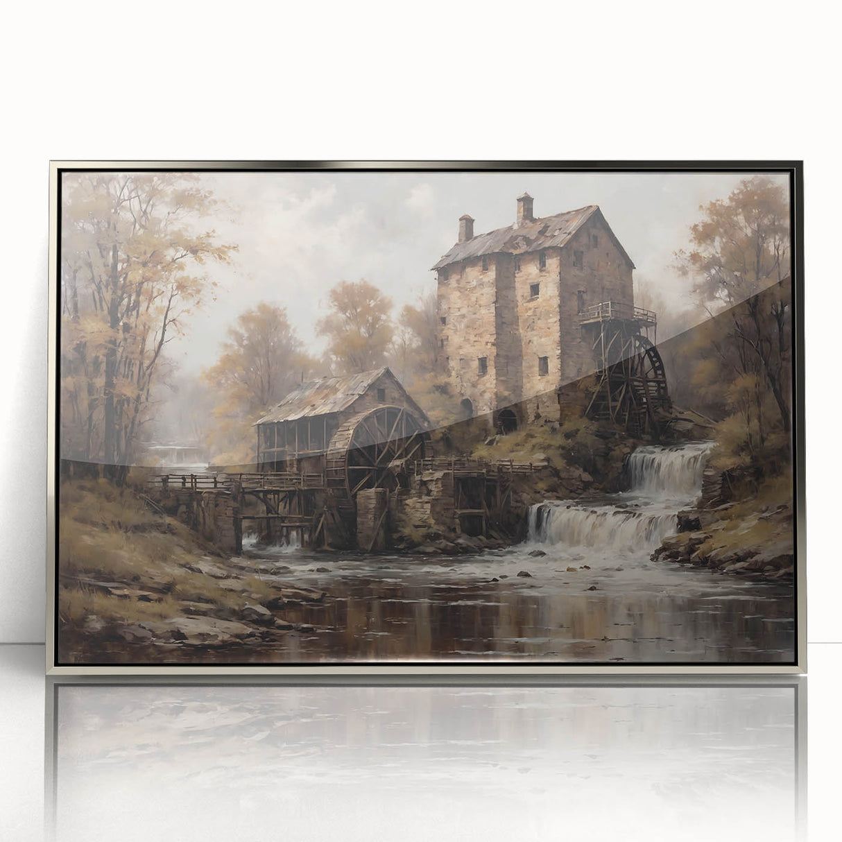 Framed wall art showcasing a serene watermill landscape design with a silver acrylic finish, ideal for enhancing home decor with a tranquil aesthetic.