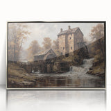 Framed wall art showcasing a serene watermill landscape design with a silver acrylic finish, ideal for enhancing home decor with a tranquil aesthetic.