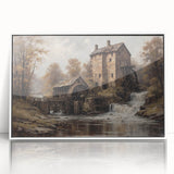 Framed acrylic wall art featuring a serene landscape with a picturesque watermill, showcasing vibrant colors and detailed imagery, perfect for home decor.