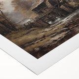 Rolled canvas art showcasing a serene landscape with a picturesque watermill, featuring vibrant colors and intricate details, ideal for home decor or office spaces.