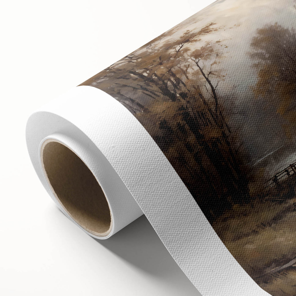 Rolled canvas artwork showcasing a picturesque watermill landscape design, featuring vibrant colors and intricate details, ideal for home decor or art enthusiasts.