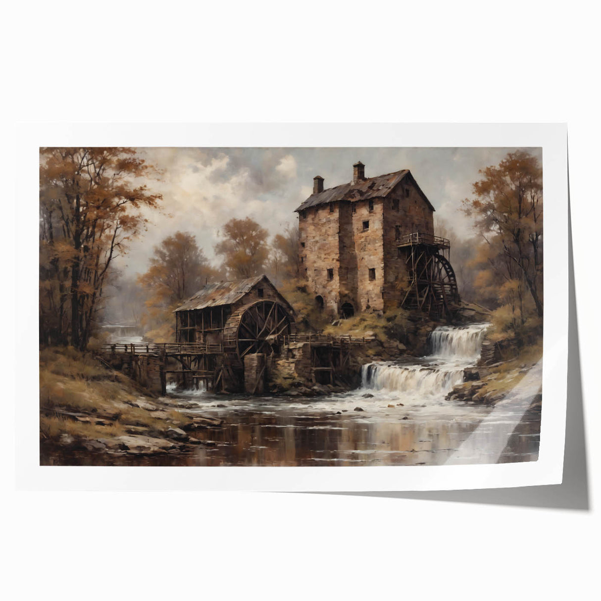 Landscape wall art print showcasing a serene watermill scene with vibrant greenery and a clear blue sky, rolled and ready for framing to enhance home decor.