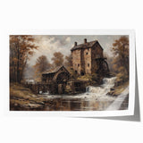 Landscape wall art print showcasing a serene watermill scene with vibrant greenery and a clear blue sky, rolled and ready for framing to enhance home decor.
