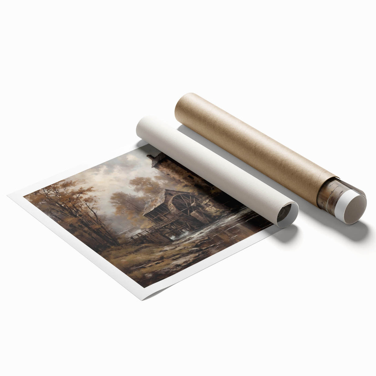 Rolled print showcasing a serene watermill landscape design, featuring vibrant colors and intricate details, ideal for home décor or art collection.