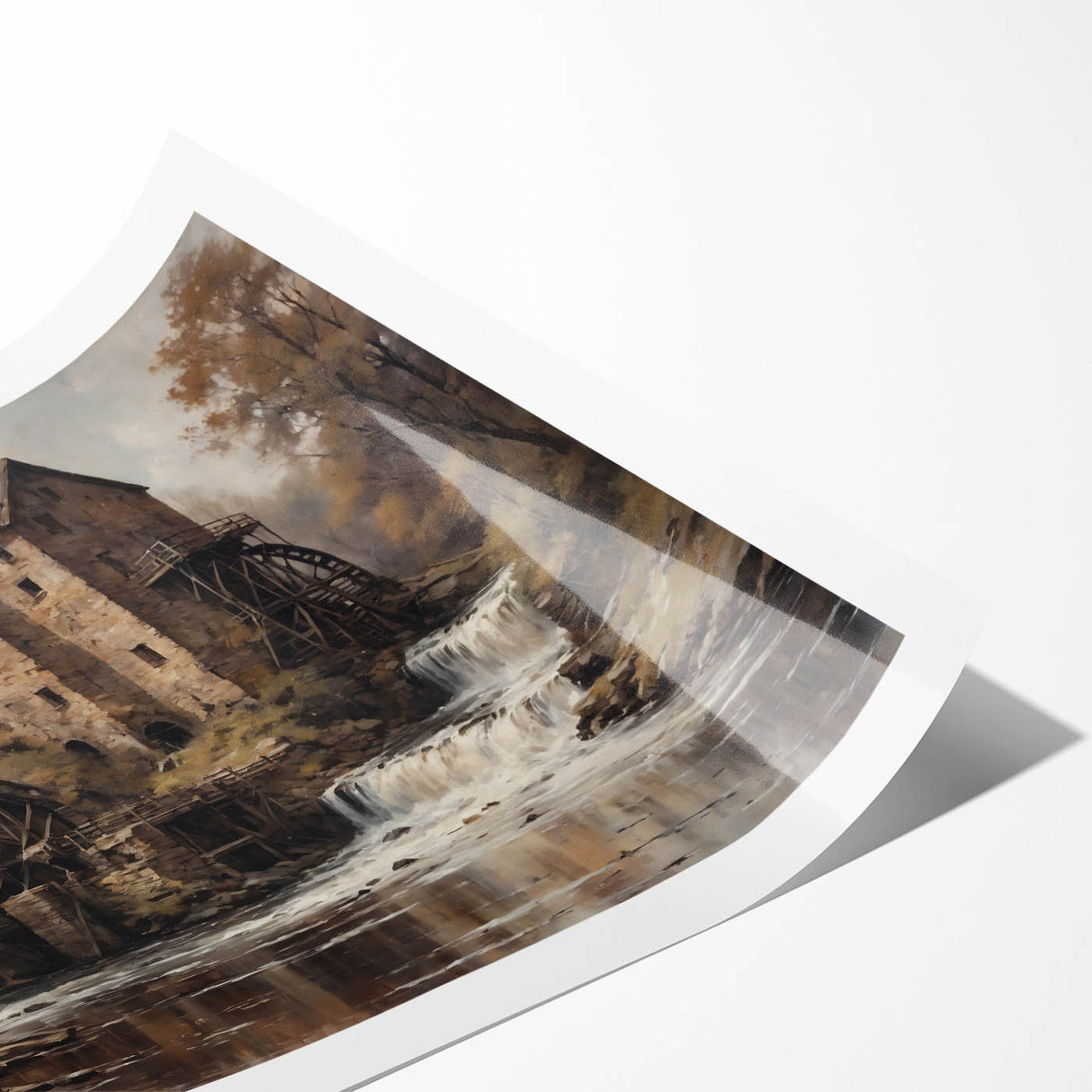 Rolled print of a serene landscape featuring a watermill surrounded by lush greenery, designed for wall art collection, showcasing soft colors and tranquil scenery. Perfect for home decor.