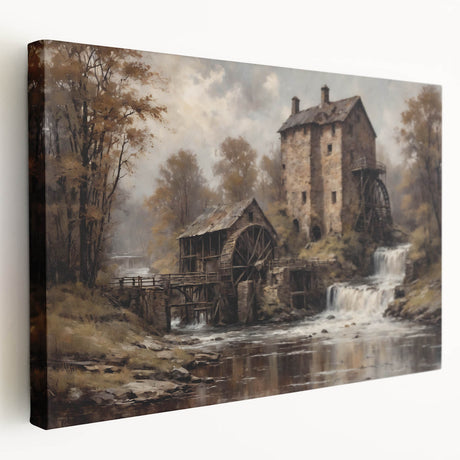 Stretched canvas wall art showcasing a serene watermill landscape design, featuring vibrant colors and intricate details, perfect for home decor enhancement.