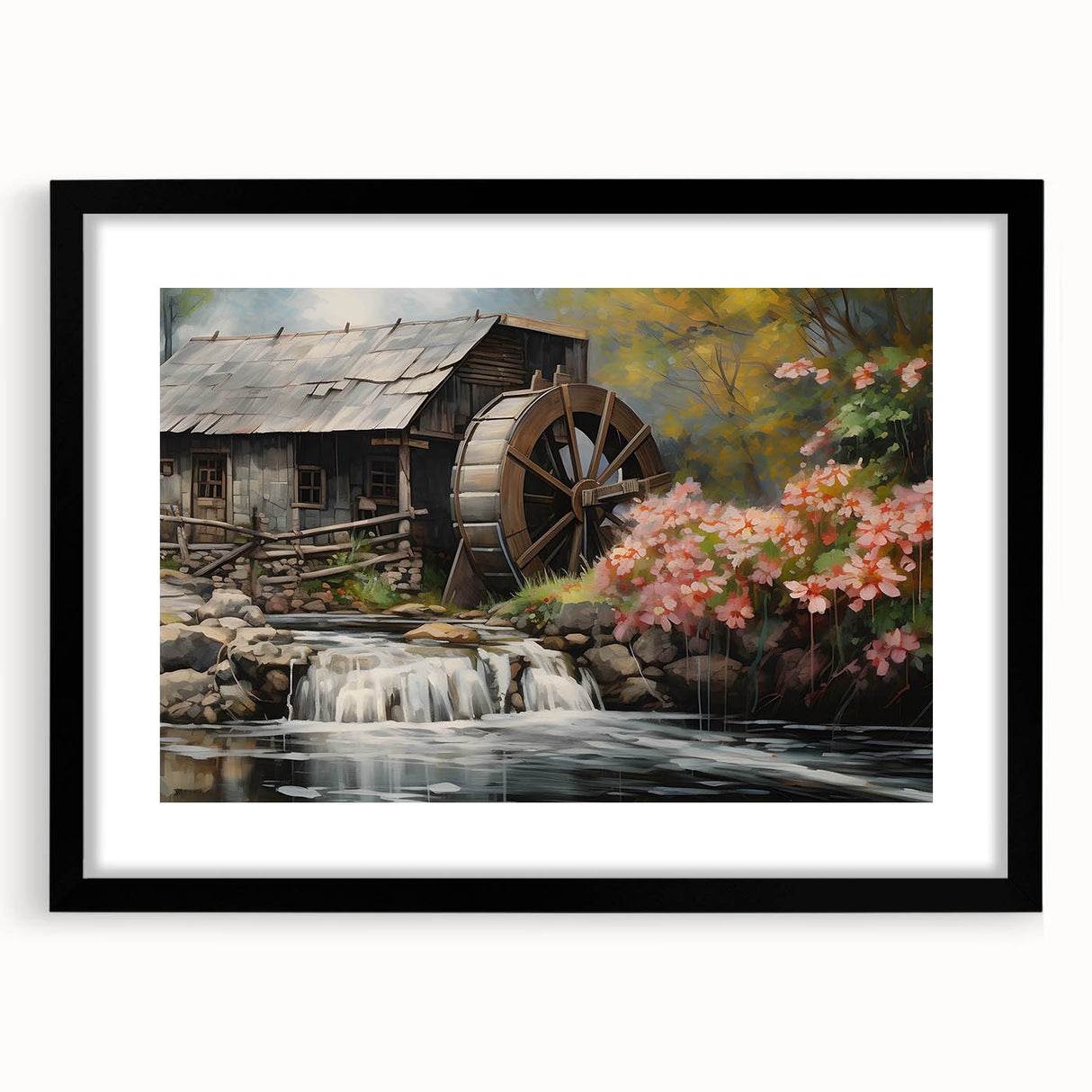 Black-framed wall art featuring a serene watermill landscape, showcasing soft hues of green and blue, perfect for enhancing home décor with nature-inspired elegance.